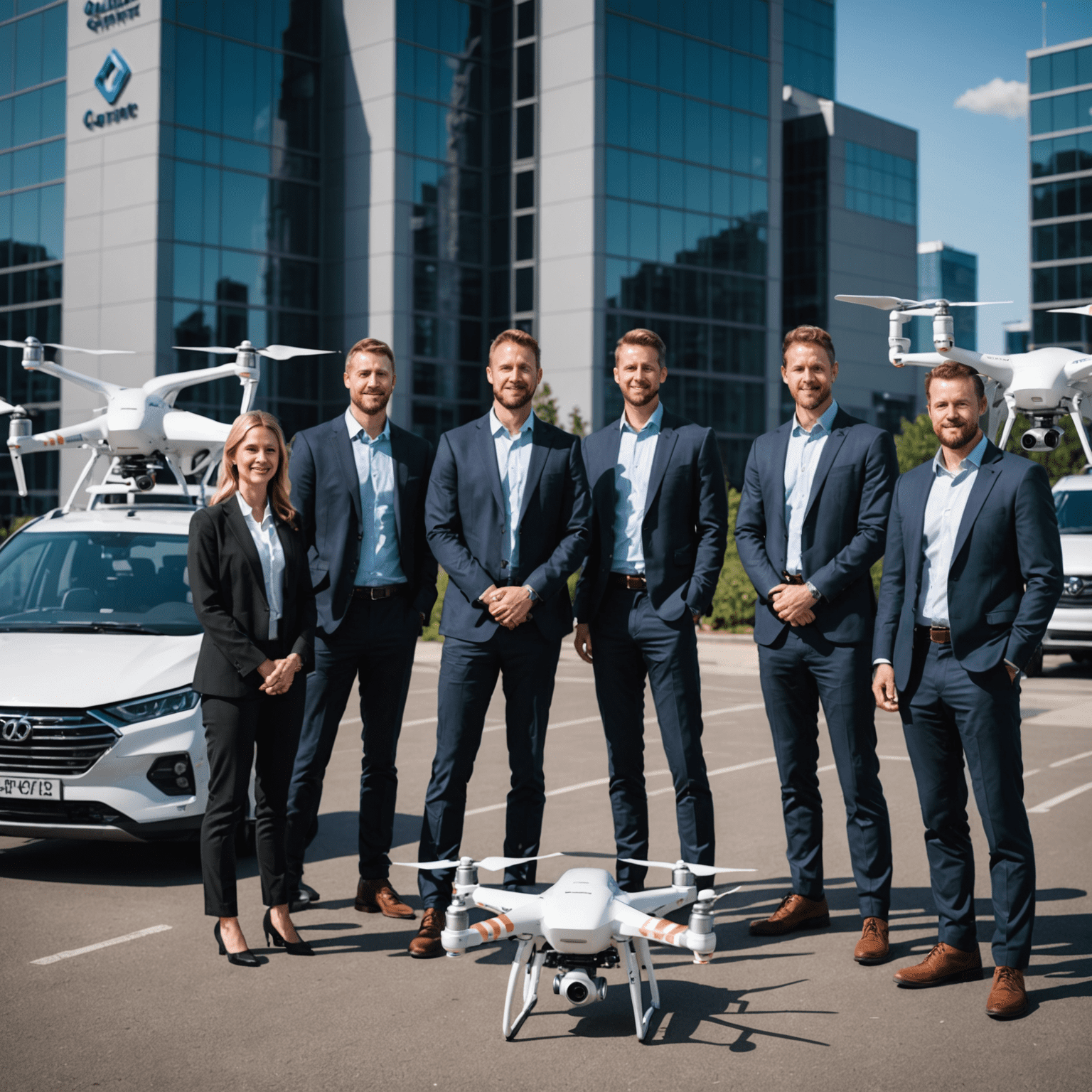 The Quicksure team standing in front of a fleet of courier drones. The image shows a diverse group of professionals, including insurance experts and drone technicians, with modern office buildings in the background.
