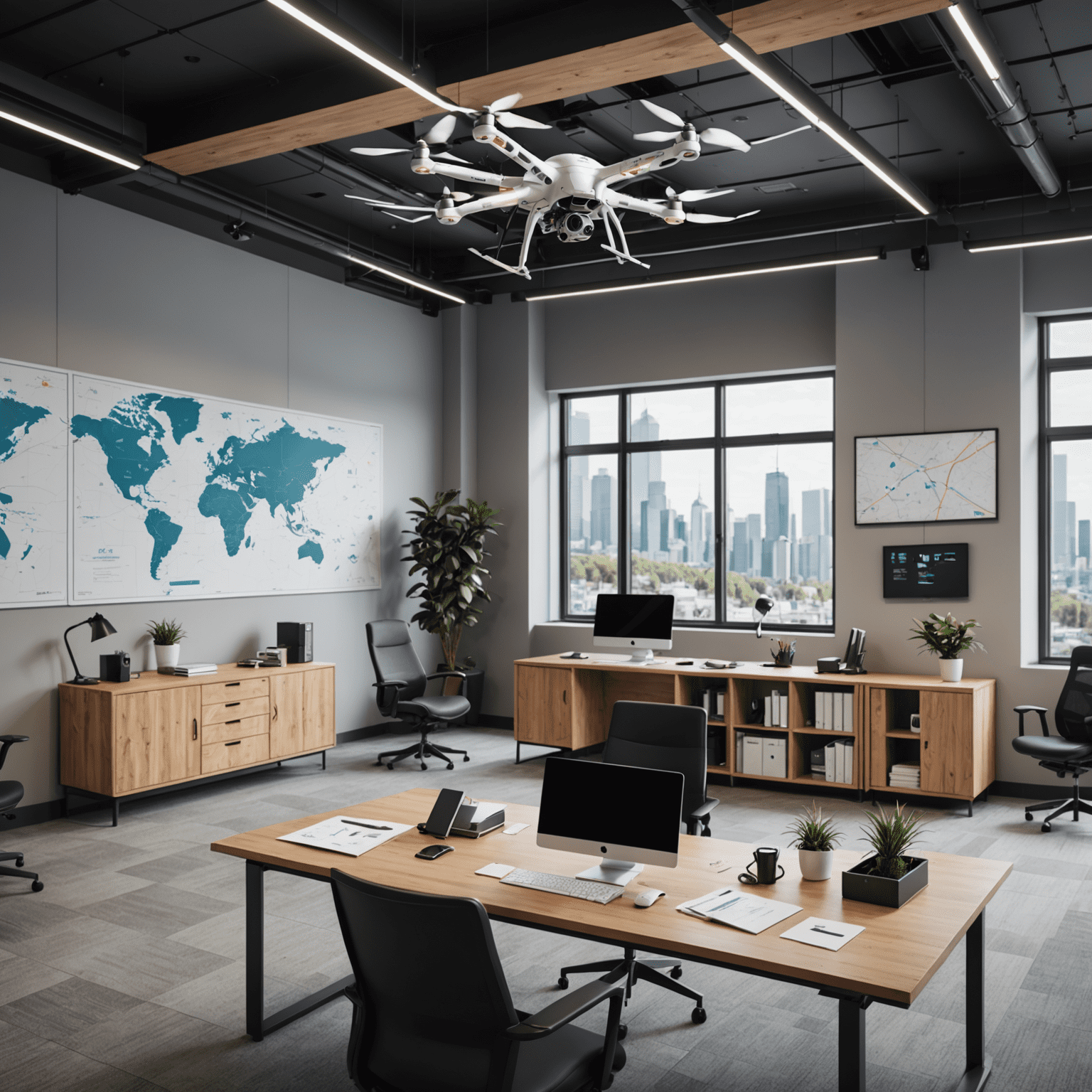 A modern office space with drone models and logistics maps on the walls, showcasing the intersection of drone technology and insurance services