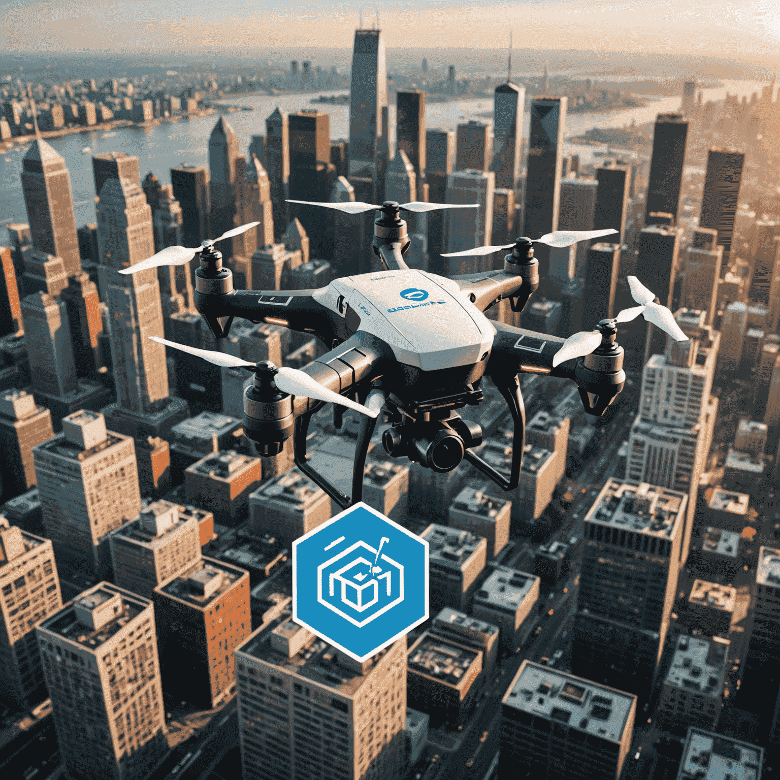 A courier drone flying over a city skyline, with an insurance policy icon overlaid, representing drone insurance coverage for logistics operations.