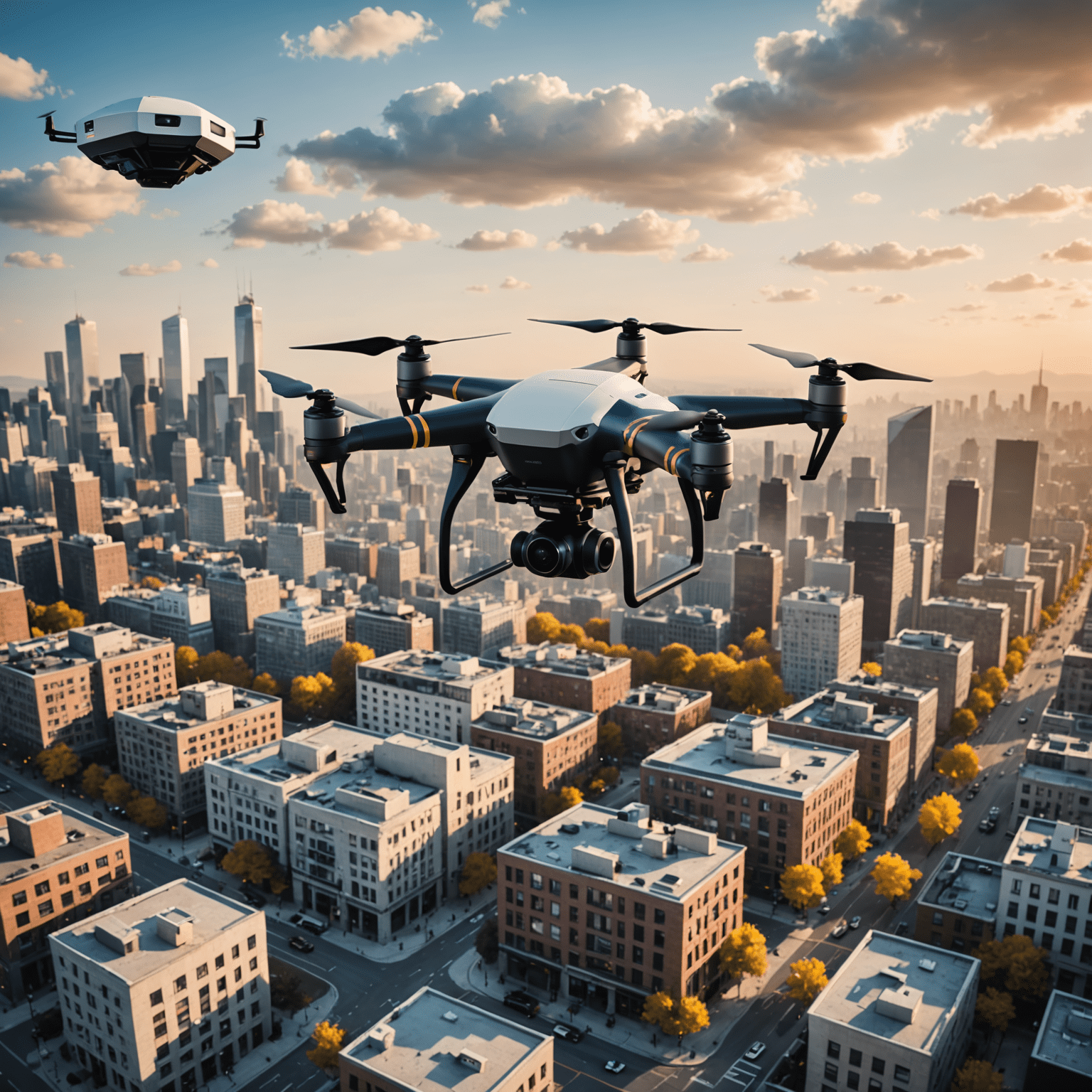 A courier drone flying over a cityscape with an insurance policy floating beside it, symbolizing drone insurance coverage