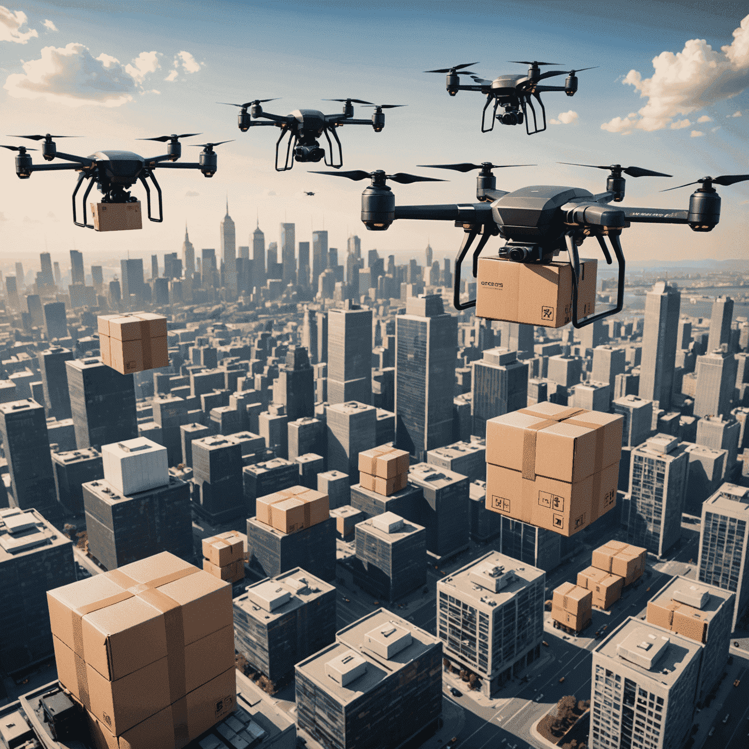 A fleet of courier drones flying over a cityscape, carrying packages. The image showcases various types of drones used in logistics, emphasizing their importance in modern delivery systems.
