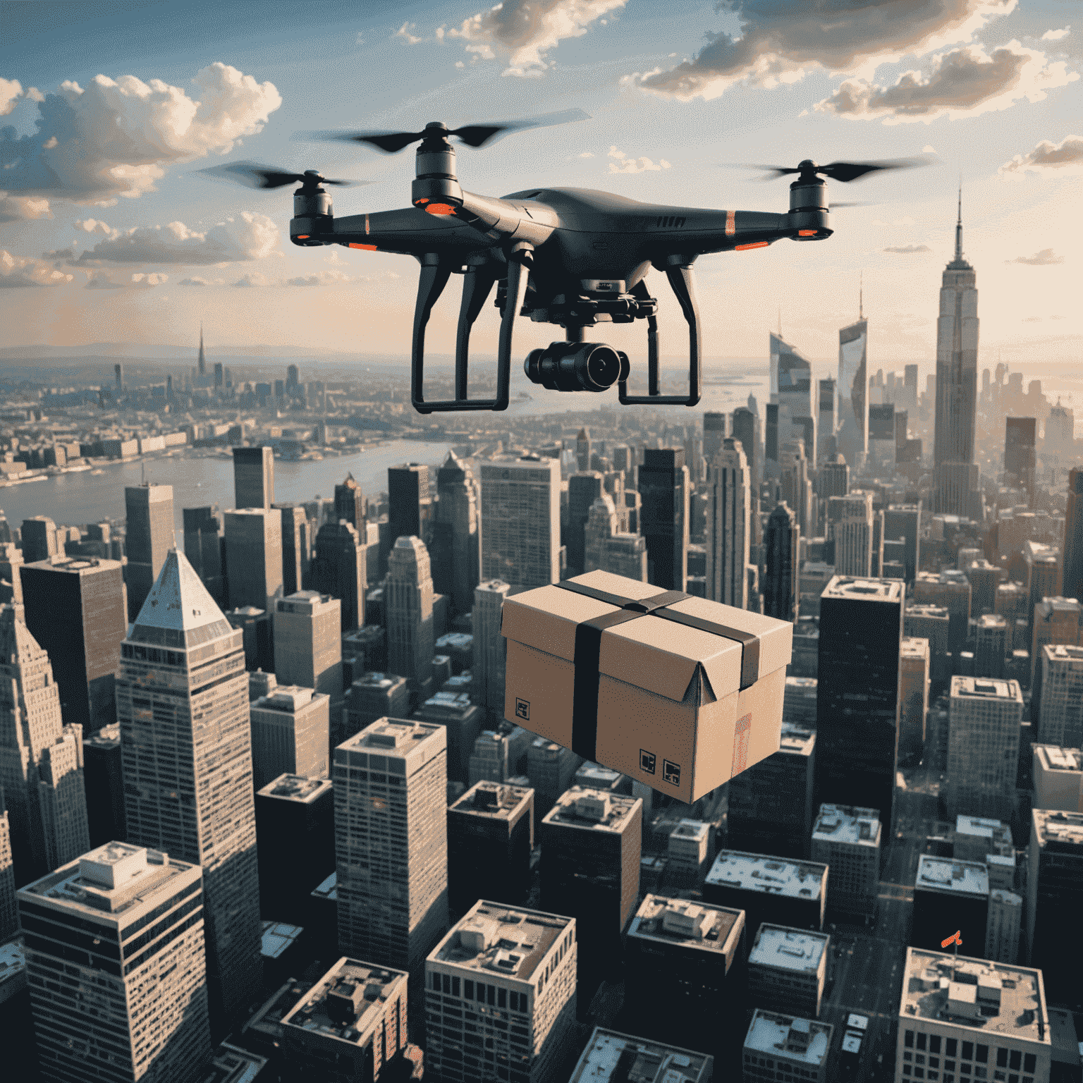A drone flying over a city skyline, carrying a package. The image highlights potential security risks such as hacking attempts, physical obstacles, and privacy concerns.