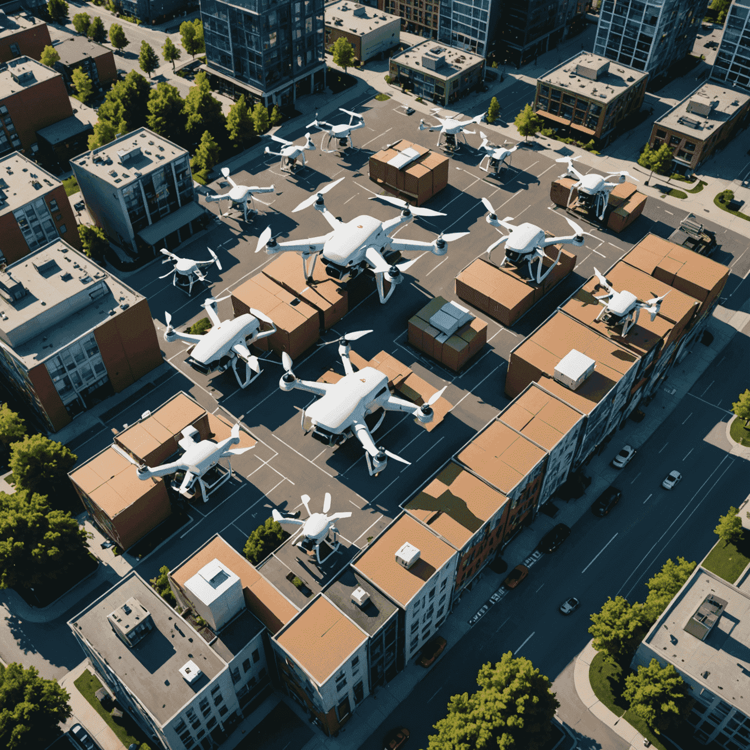 An aerial view of a Canadian city with multiple drones flying above, carrying packages. The image showcases the integration of drone technology in urban logistics.