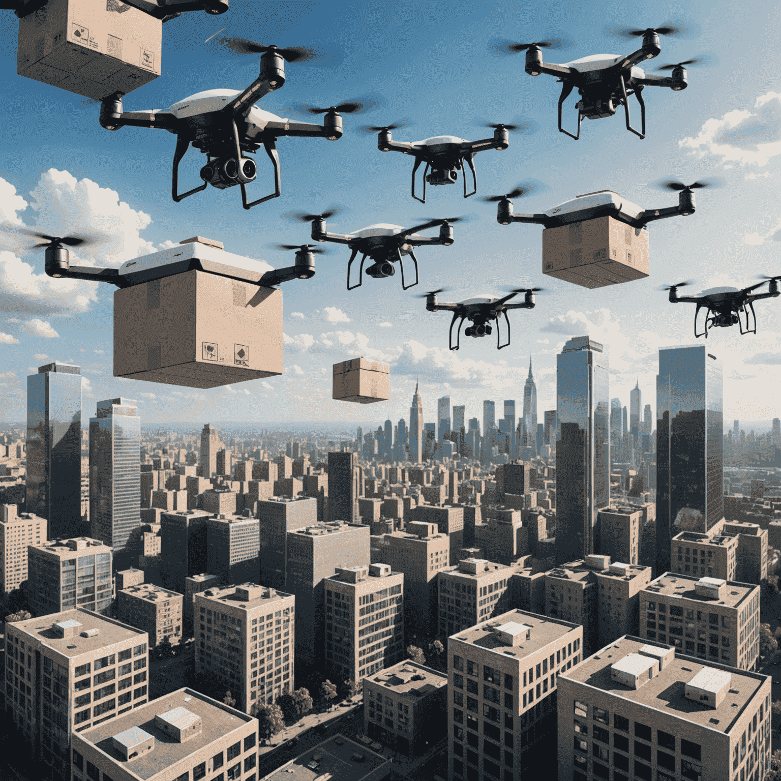 A fleet of delivery drones flying over a cityscape, with some carrying packages and others hovering near buildings. The image illustrates the concept of drone logistics and the need for insurance.