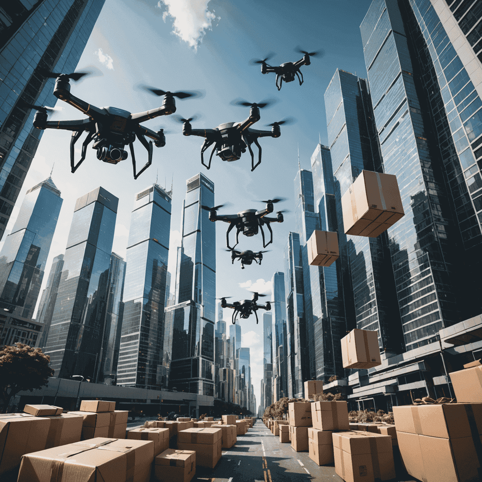 A futuristic cityscape with multiple drones flying between skyscrapers, carrying packages. The image showcases the integration of drone technology in urban logistics.