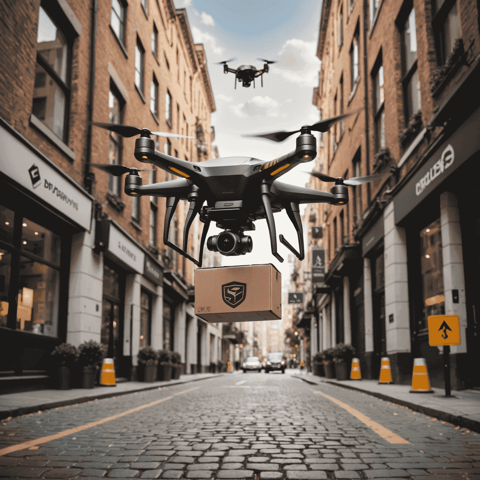 A courier drone with a shield icon, flying through an urban environment with various hazard symbols, illustrating security risks for drone deliveries.