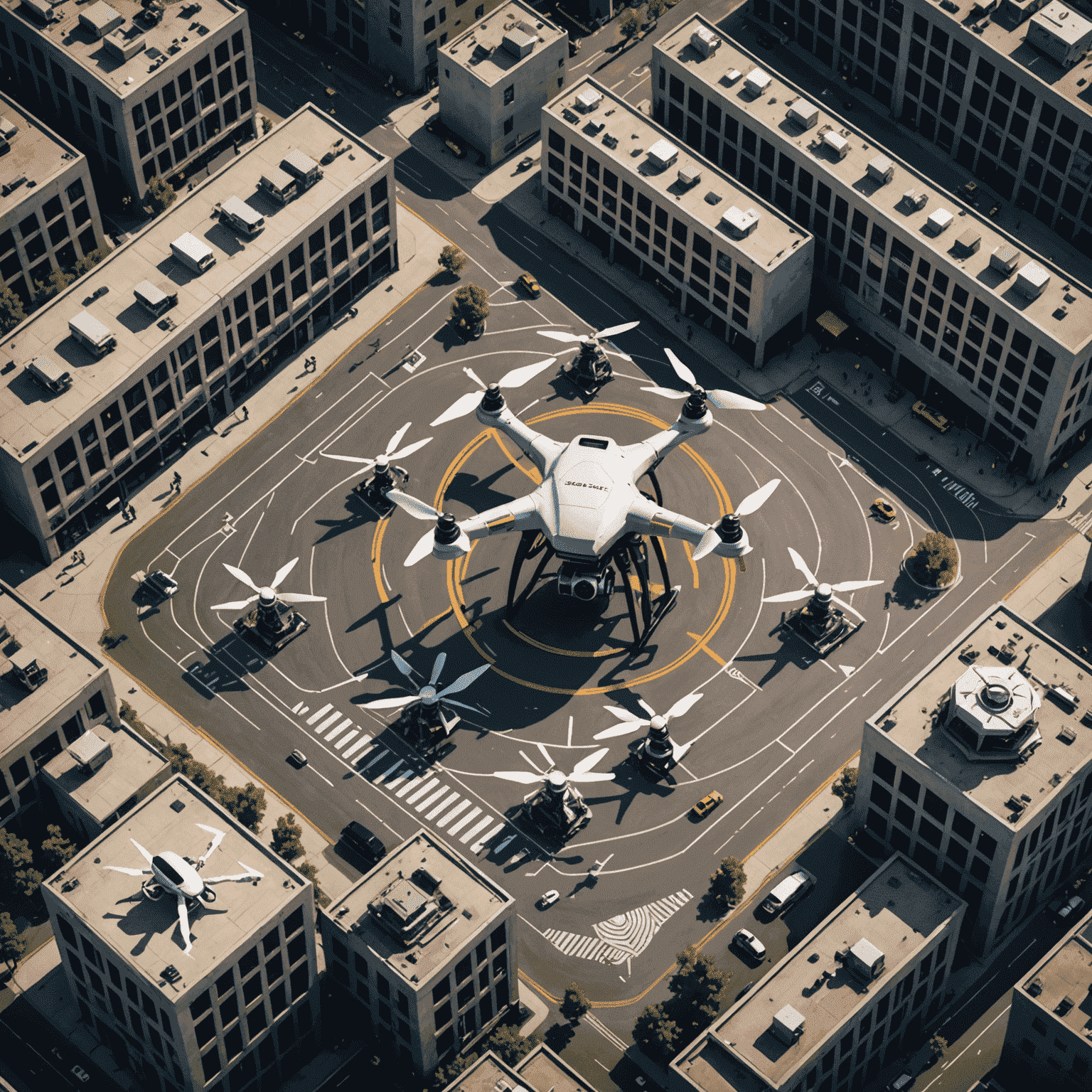 Multiple drones navigating through a complex urban environment with various hazards highlighted, representing security risks