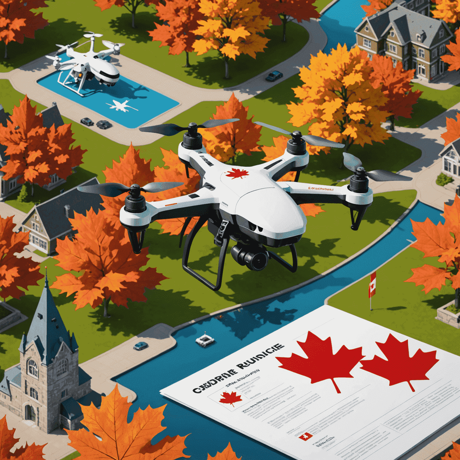 A courier drone flying over Canadian landmarks with a maple leaf and legal document icons, representing Canadian regulations for insured drones.