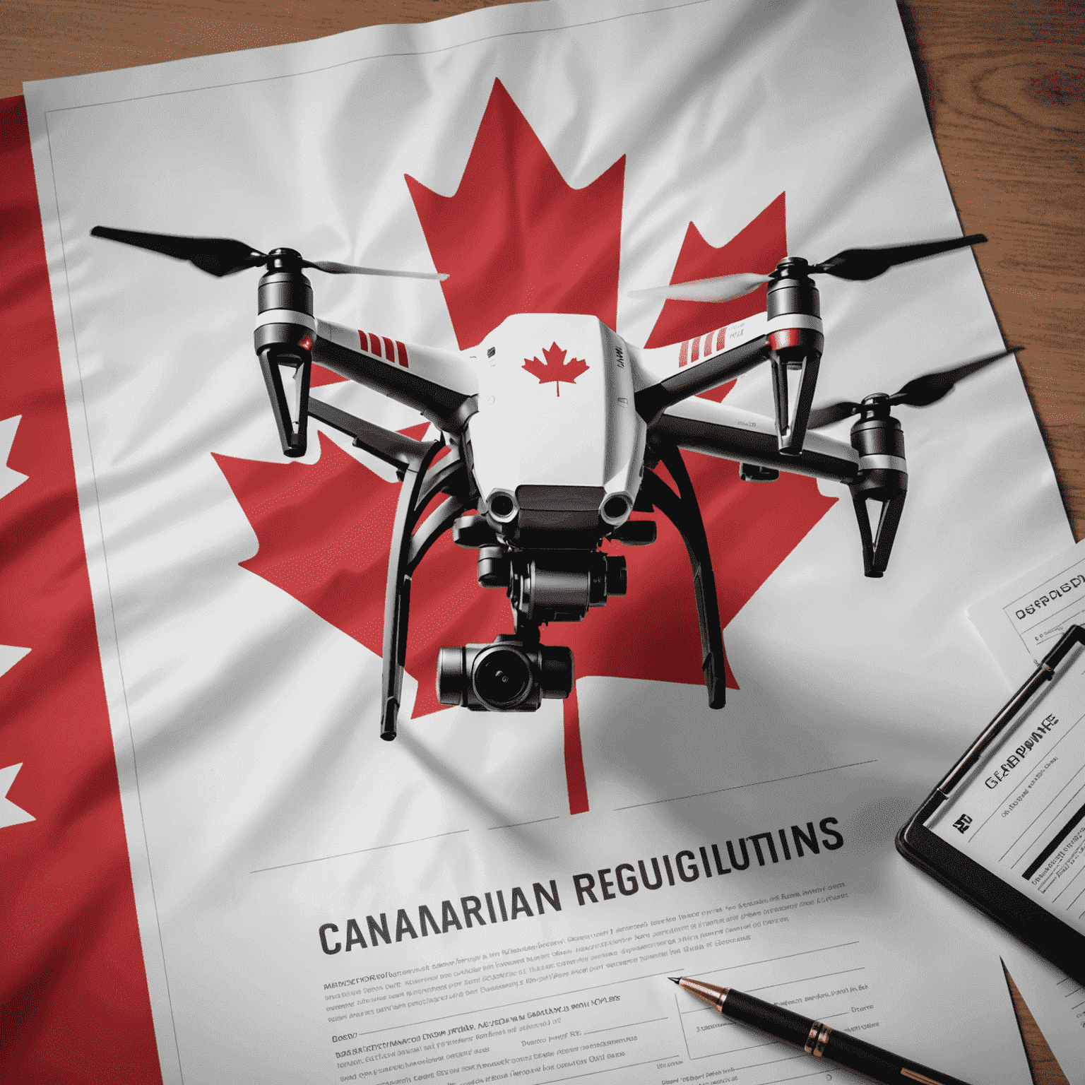 A drone hovering over a Canadian flag with legal documents and regulatory symbols, representing Canadian drone regulations