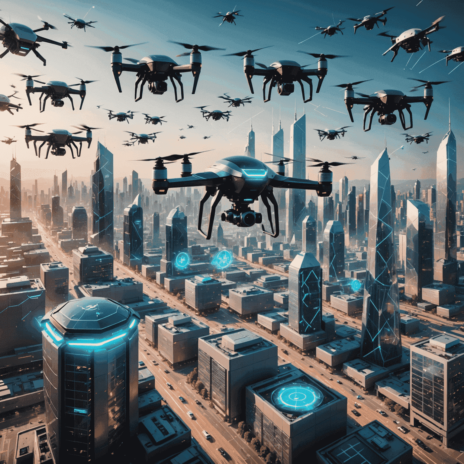 A futuristic cityscape with numerous drones flying, surrounded by holographic insurance symbols and logistics data